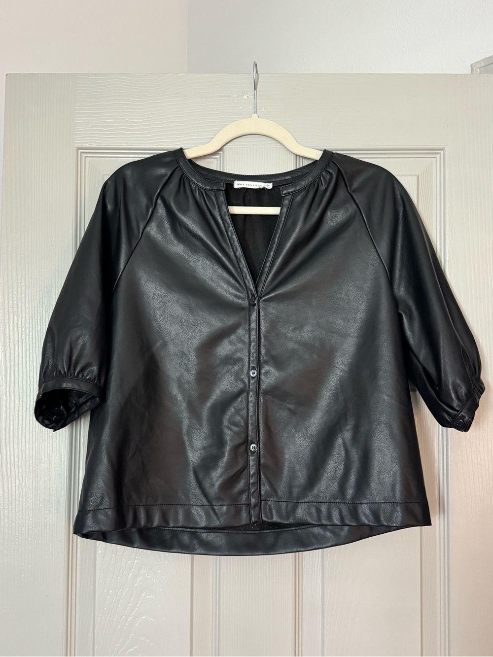 Avec Les Filles Black Vegan Leather Short Sleeve Blouse